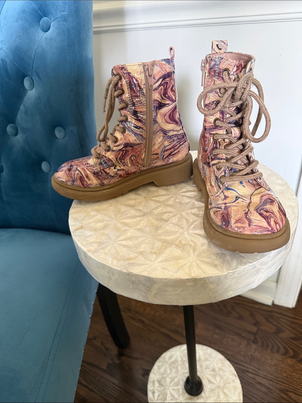 Madden Girl Marbled Pink and Purple Lace-Up Combat Boots